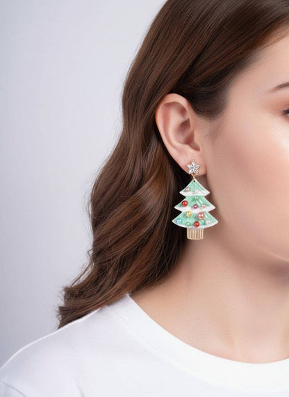 Pearl Enameled Christmas Tree Post Drop Earrings - Color Options