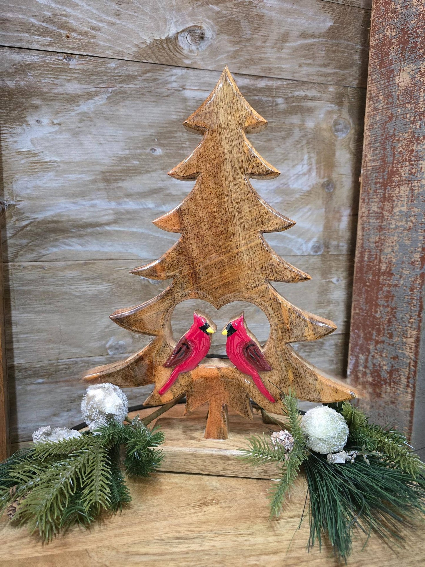 Wood Carved Tree With Cardinals