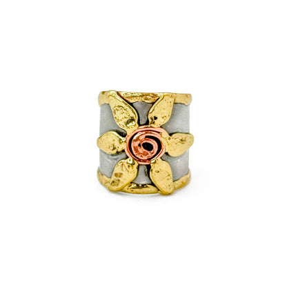 Handcrafted Mixed Metal Flowers Cuff Ring - Adjustable