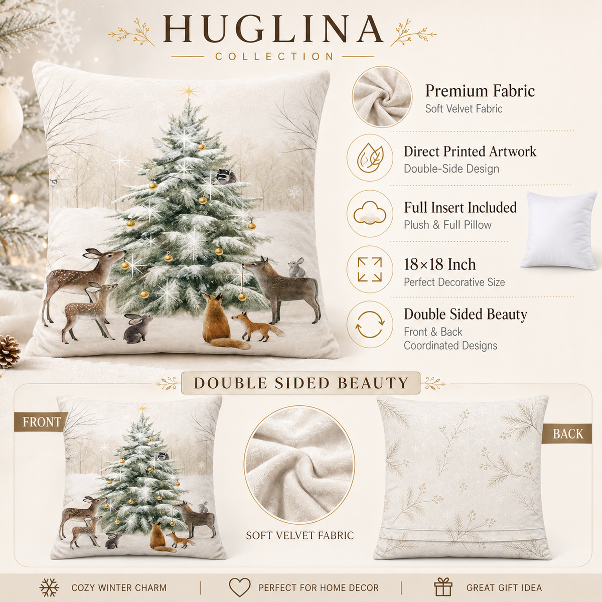 Decorating the Forest Christmas Tree Throw Pillow with Insert Included - 18" x 18" Forest Animals