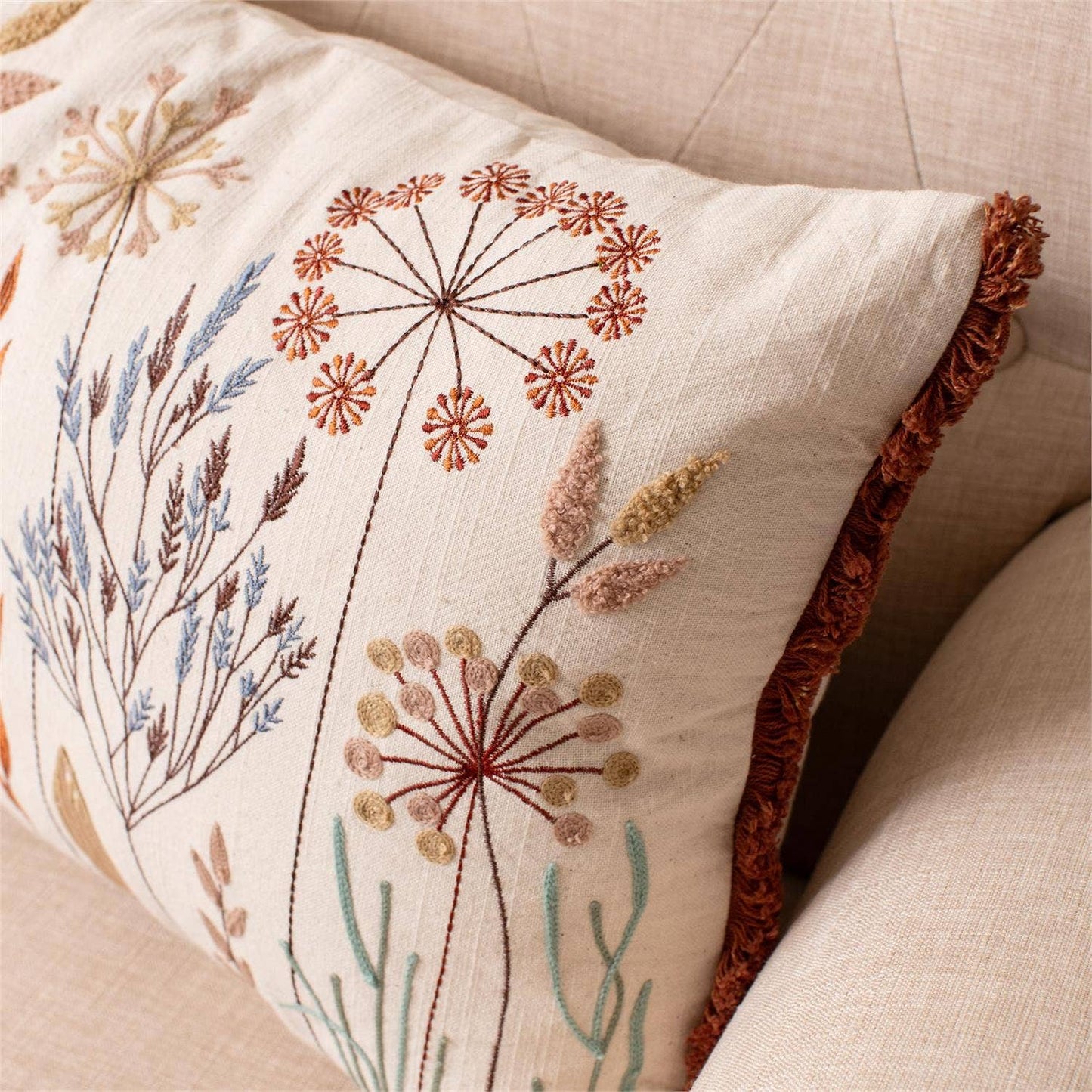 Embroidered Meadow Flowers Lumbar Pillow