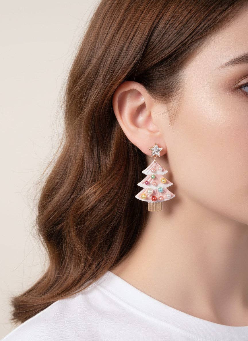 Pearl Enameled Christmas Tree Post Drop Earrings - Color Options