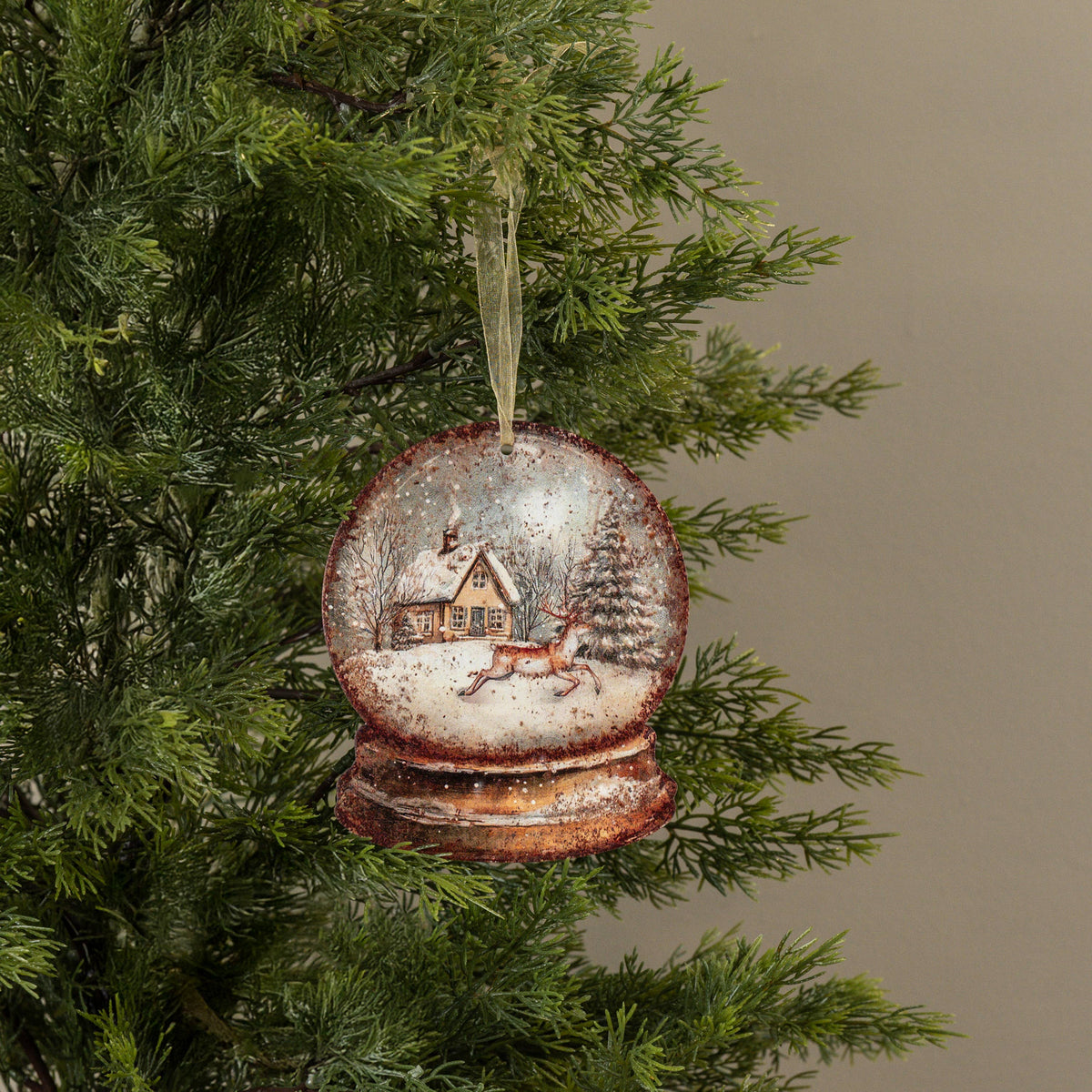 Winter Cottage and Deer Metal Snow Globe Shaped Ornament