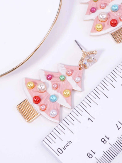 Pearl Enameled Christmas Tree Post Drop Earrings - Color Options