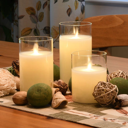 Glass LED Pillar Candles with Timer - Battery Operated 3 Sizes