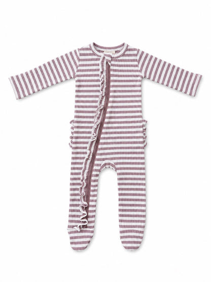 Baby Girl Violet Stripe / Ribbed Ruffle 2-Way Zip Footie