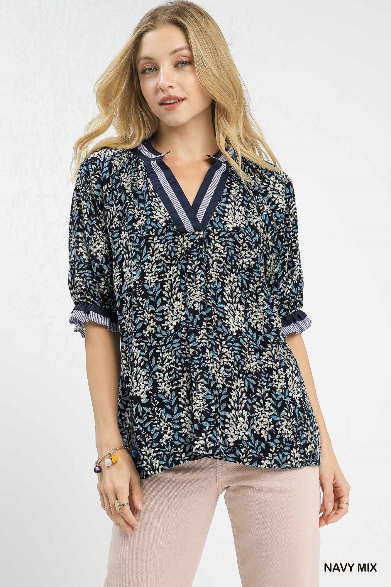 Floral Burst Print V-Neck Top