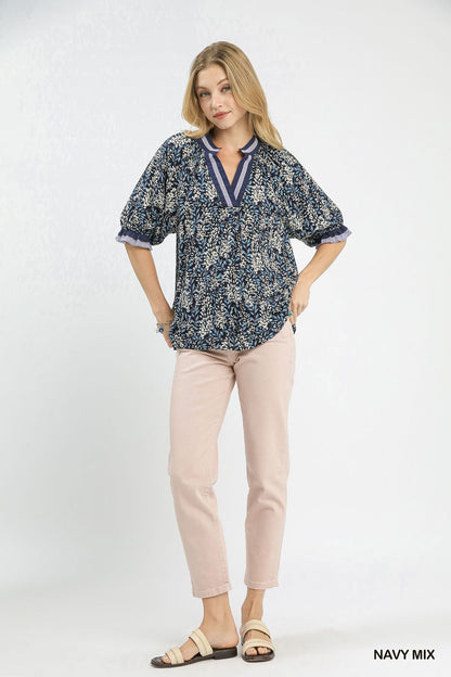 Floral Burst Print V-Neck Top