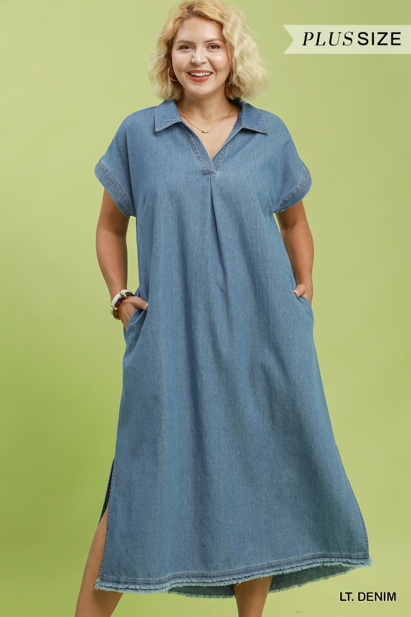 Stone Washed Collared Denim Midi Dress - Plus Size