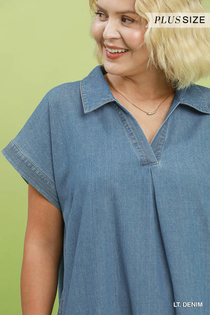 Stone Washed Collared Denim Midi Dress - Plus Size