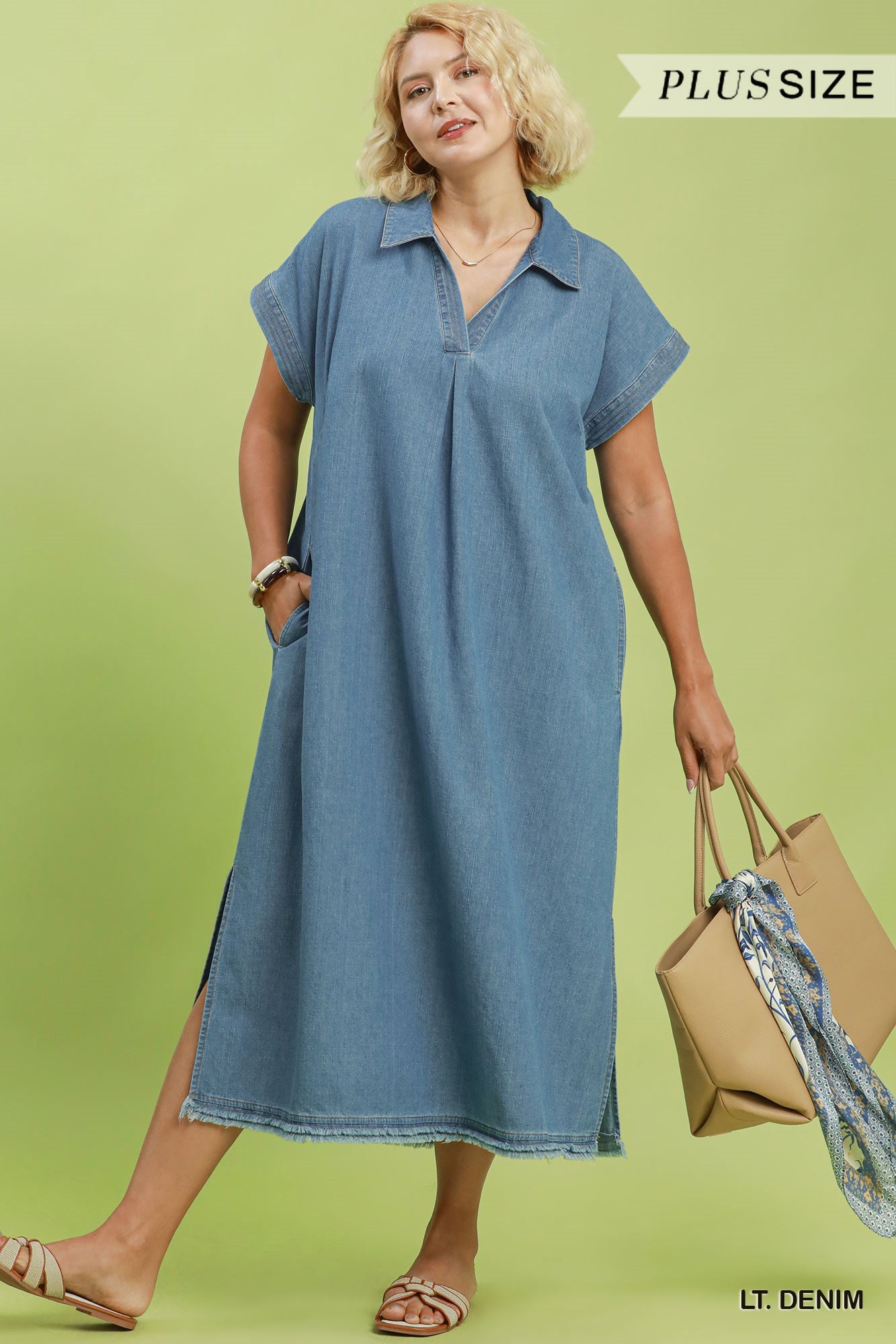 Stone Washed Collared Denim Midi Dress - Plus Size