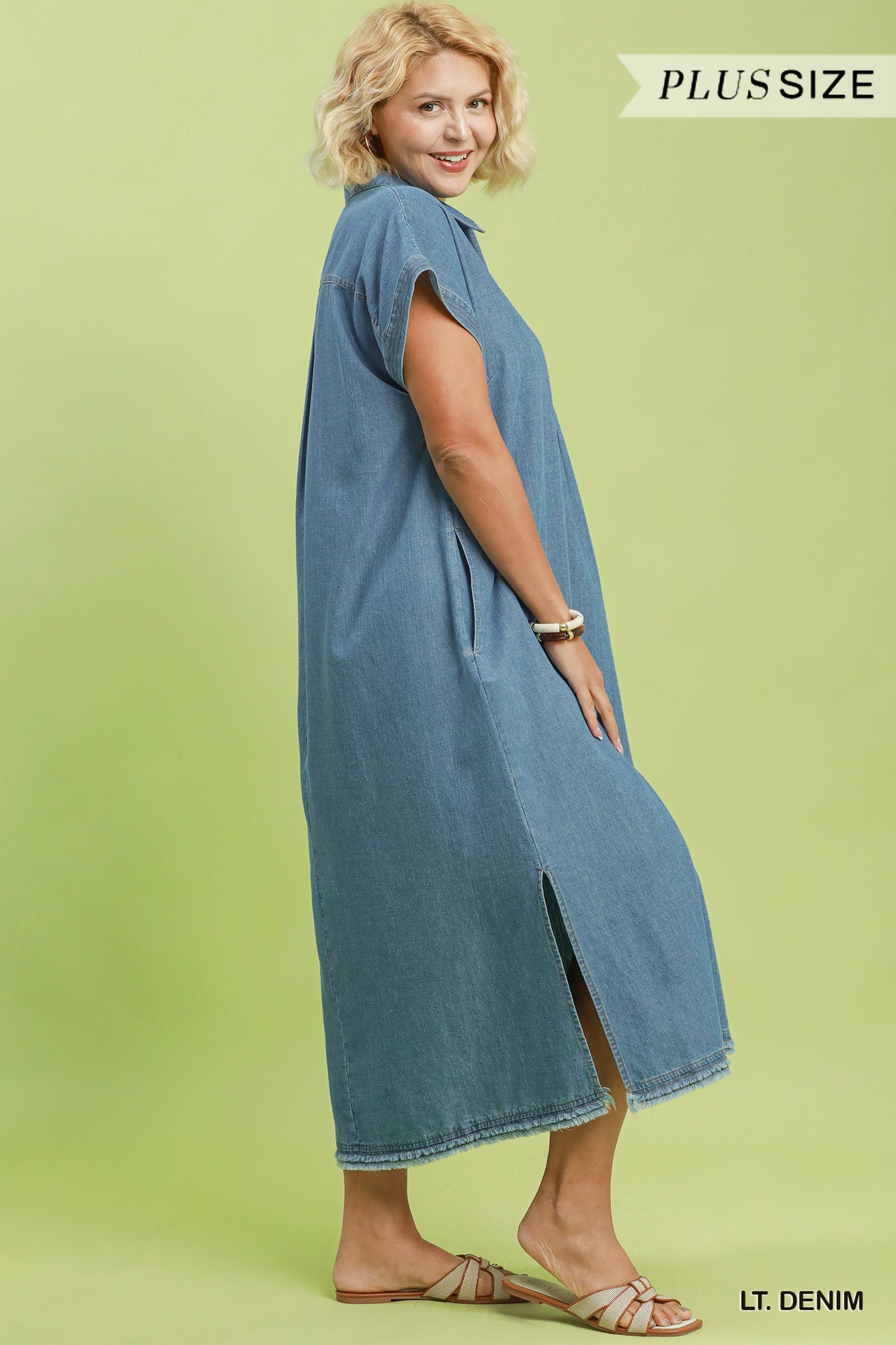 Stone Washed Collared Denim Midi Dress - Plus Size