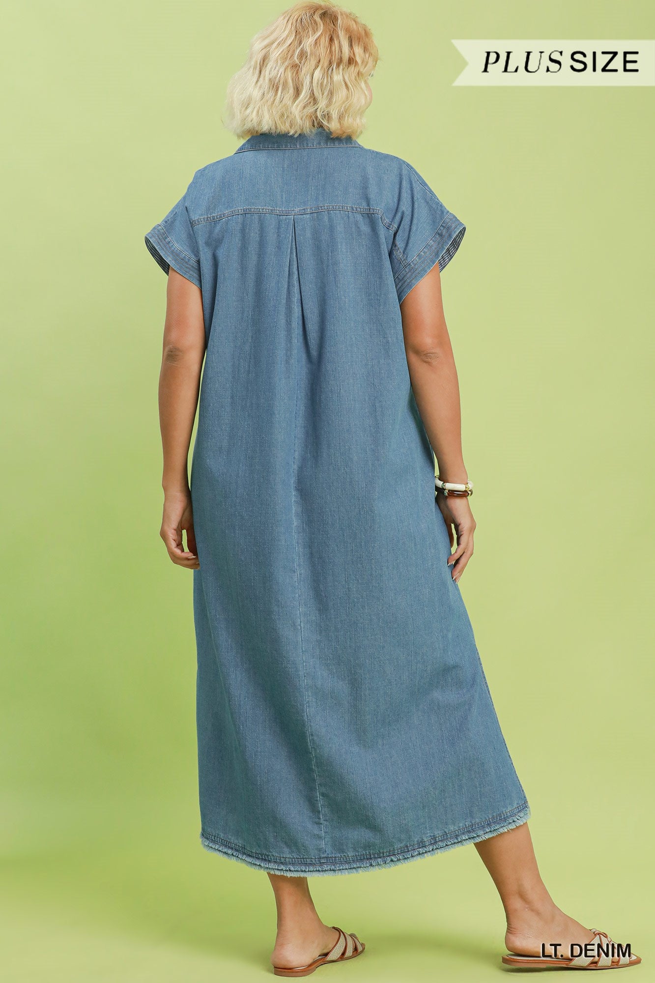 Stone Washed Collared Denim Midi Dress - Plus Size