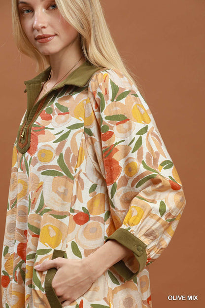 Mixed Floral Contrast Trim Dress