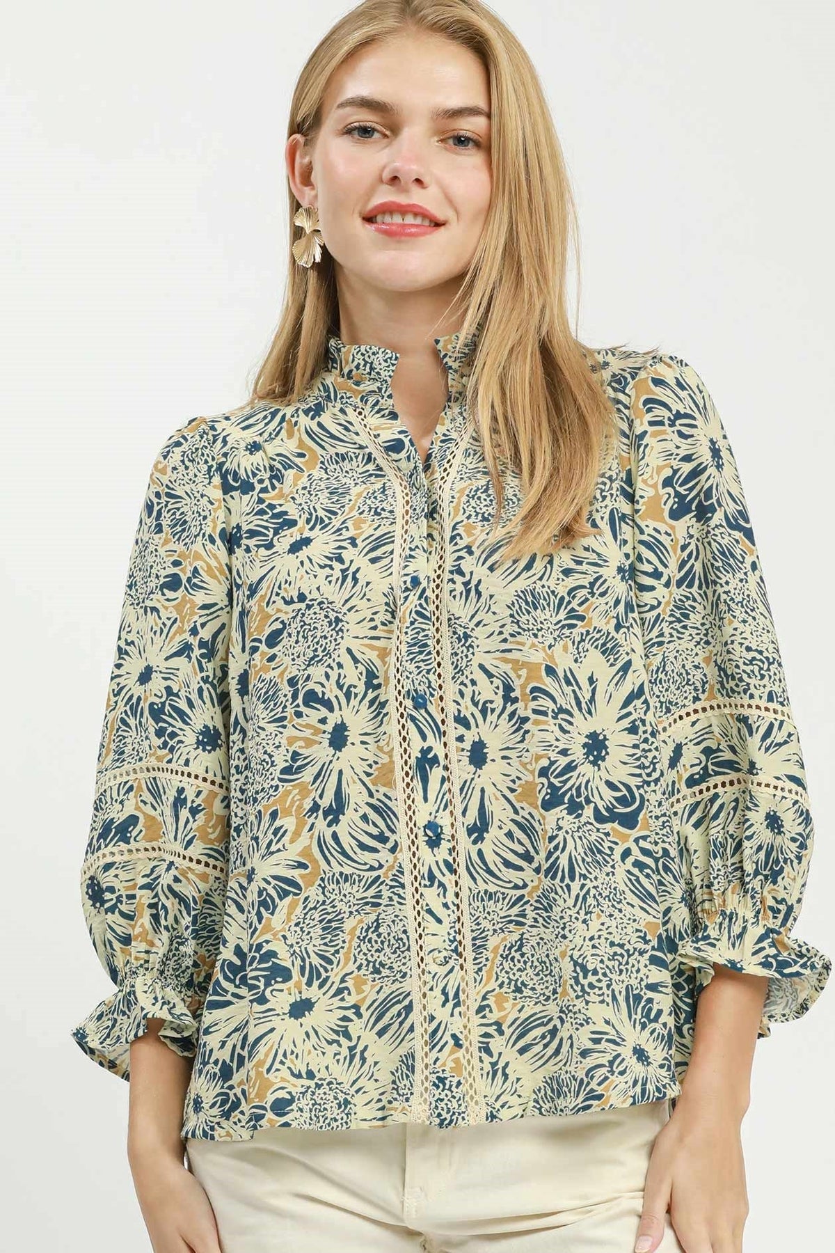 Floral Print Lace Trim Button Front Blouse - Umgee