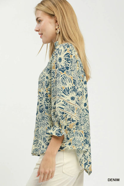 Floral Print Lace Trim Button Front Blouse - Umgee