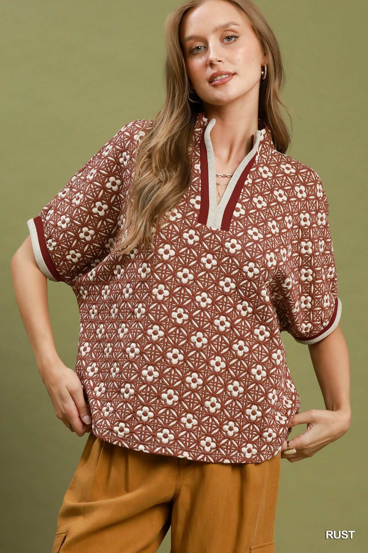Jacquard Floral Textured Contrast Trim Pullover Top - Color Options