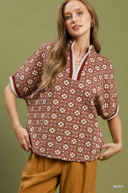 Jacquard Floral Textured Contrast Trim Pullover Top - Color Options