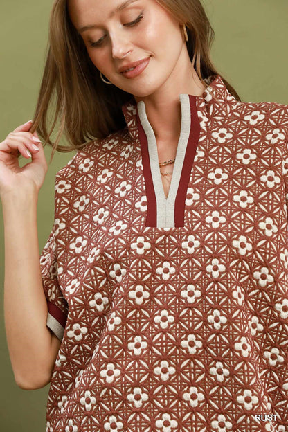 Jacquard Floral Textured Contrast Trim Pullover Top - Color Options