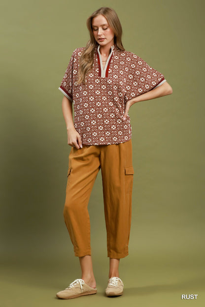 Jacquard Floral Textured Contrast Trim Pullover Top - Color Options