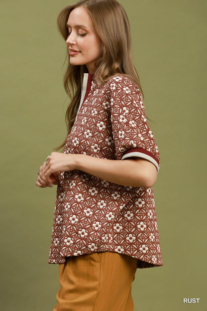 Jacquard Floral Textured Contrast Trim Pullover Top - Color Options