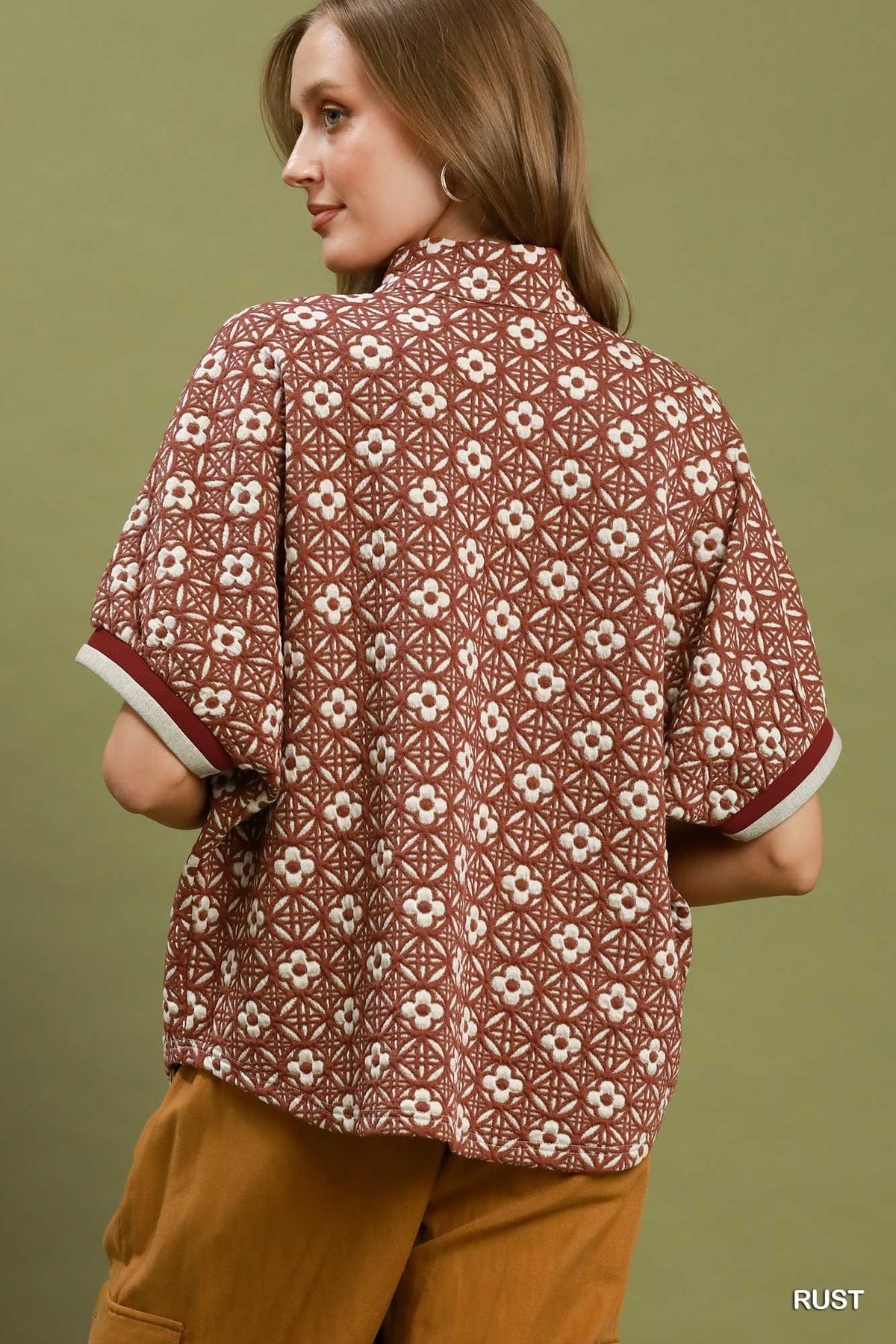 Jacquard Floral Textured Contrast Trim Pullover Top - Color Options