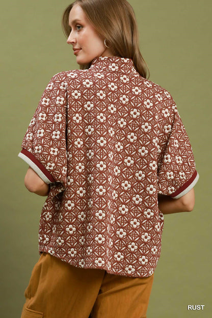 Jacquard Floral Textured Contrast Trim Pullover Top - Color Options