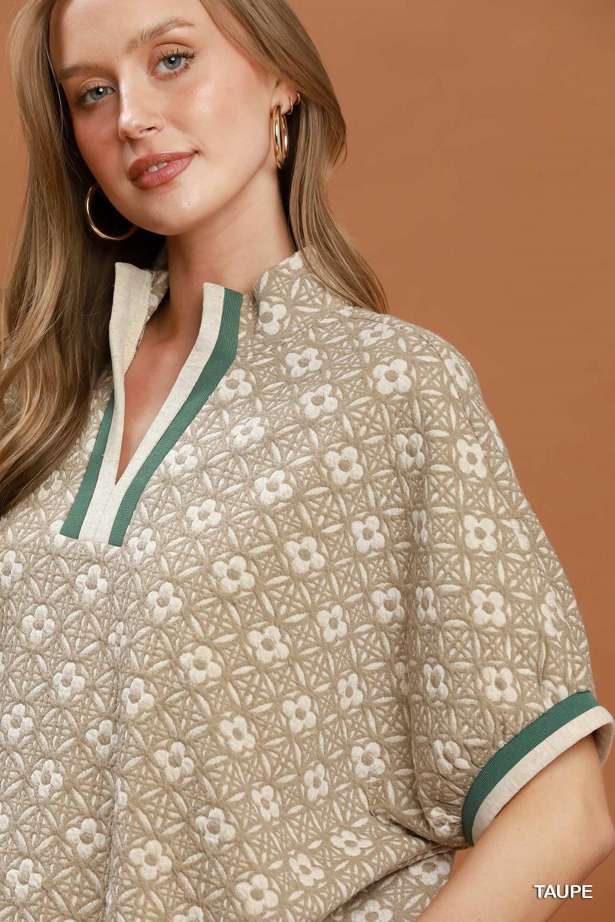 Jacquard Floral Textured Contrast Trim Pullover Top - Color Options