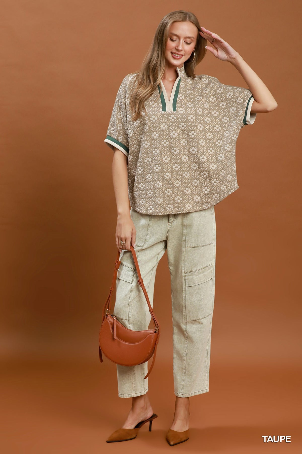 Jacquard Floral Textured Contrast Trim Pullover Top - Color Options