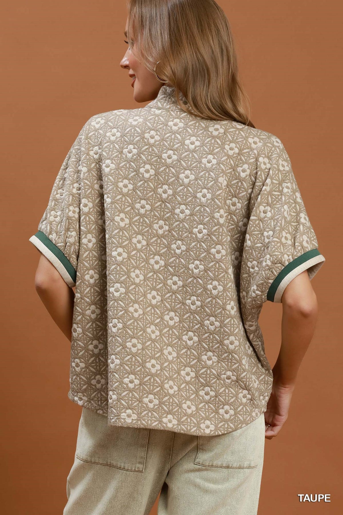Jacquard Floral Textured Contrast Trim Pullover Top - Color Options
