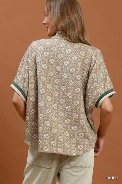Jacquard Floral Textured Contrast Trim Pullover Top - Color Options