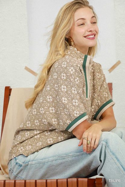 Jacquard Floral Textured Contrast Trim Pullover Top - Color Options