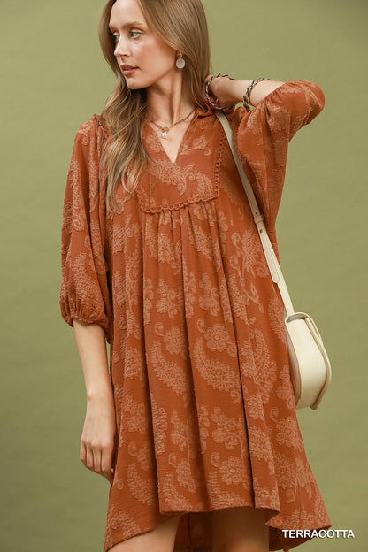 Paisley Print Puff Sleeve Babydoll Dress