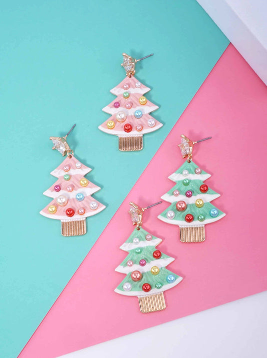 Pearl Enameled Christmas Tree Post Drop Earrings - Color Options