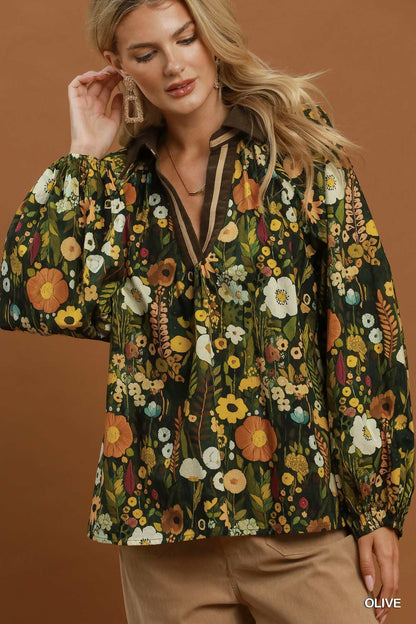 Floral Print Contrast Collar Long Sleeve Blouse