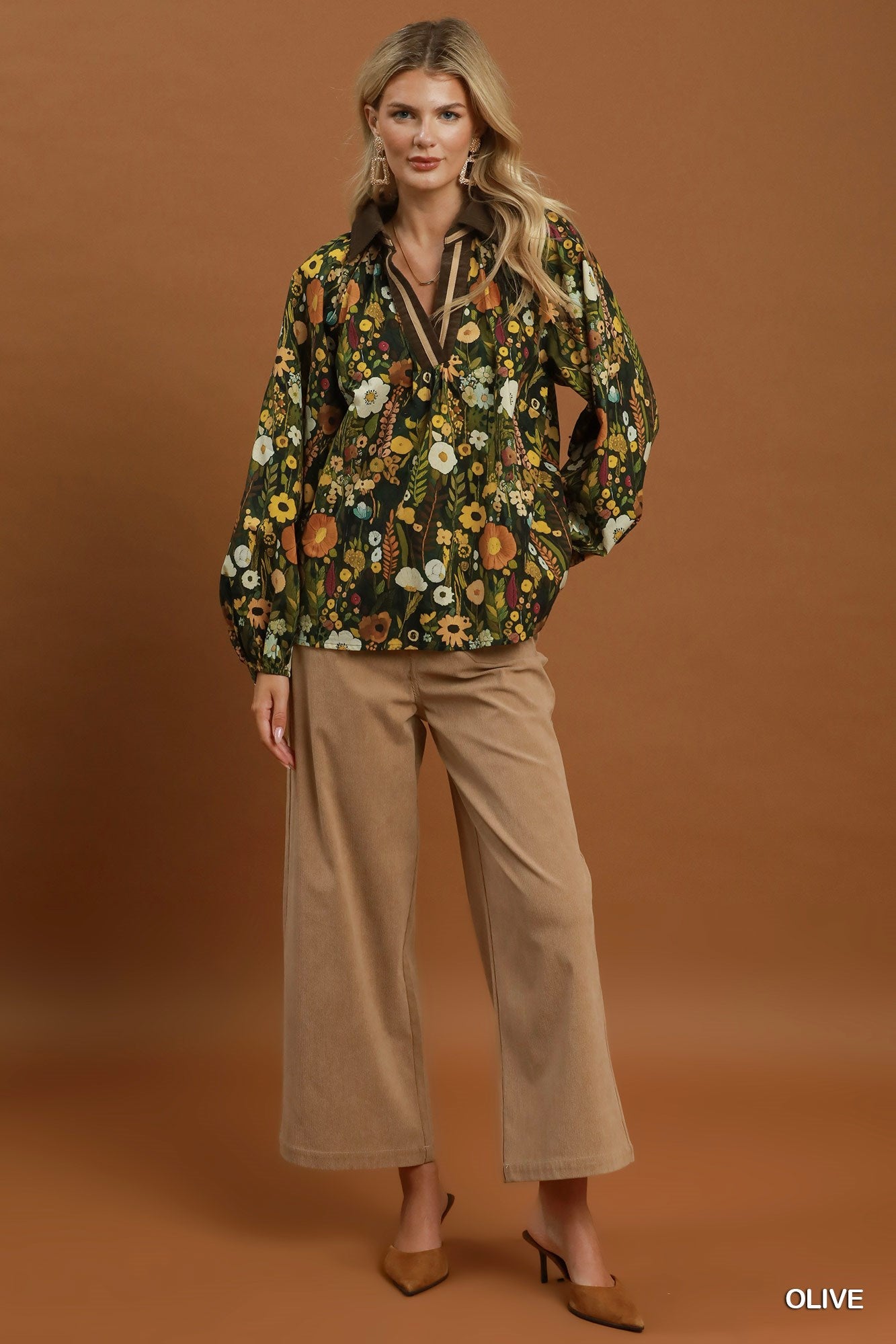 Floral Print Contrast Collar Long Sleeve Blouse