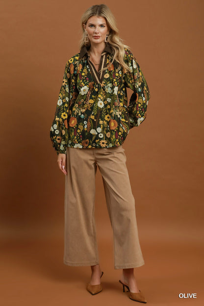 Floral Print Contrast Collar Long Sleeve Blouse