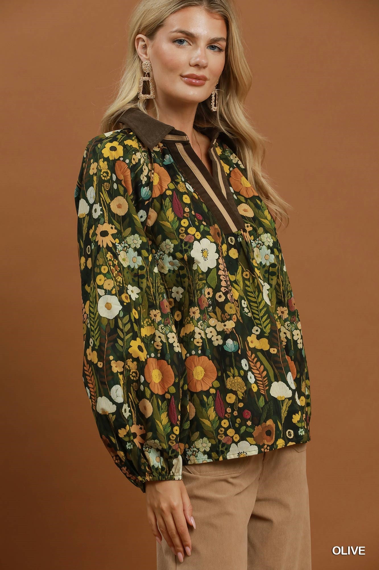 Floral Print Contrast Collar Long Sleeve Blouse