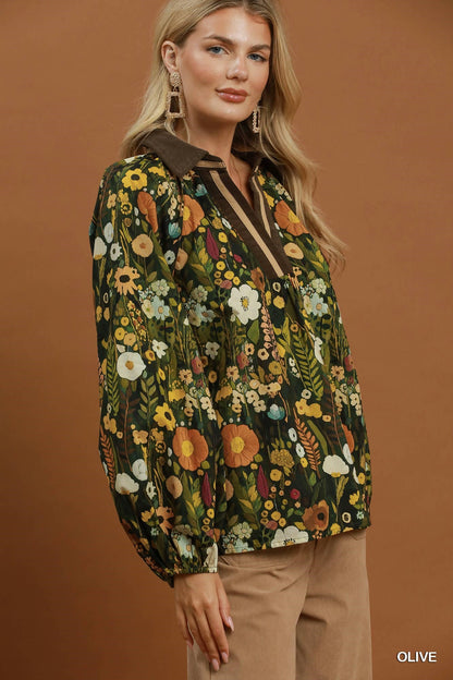 Floral Print Contrast Collar Long Sleeve Blouse