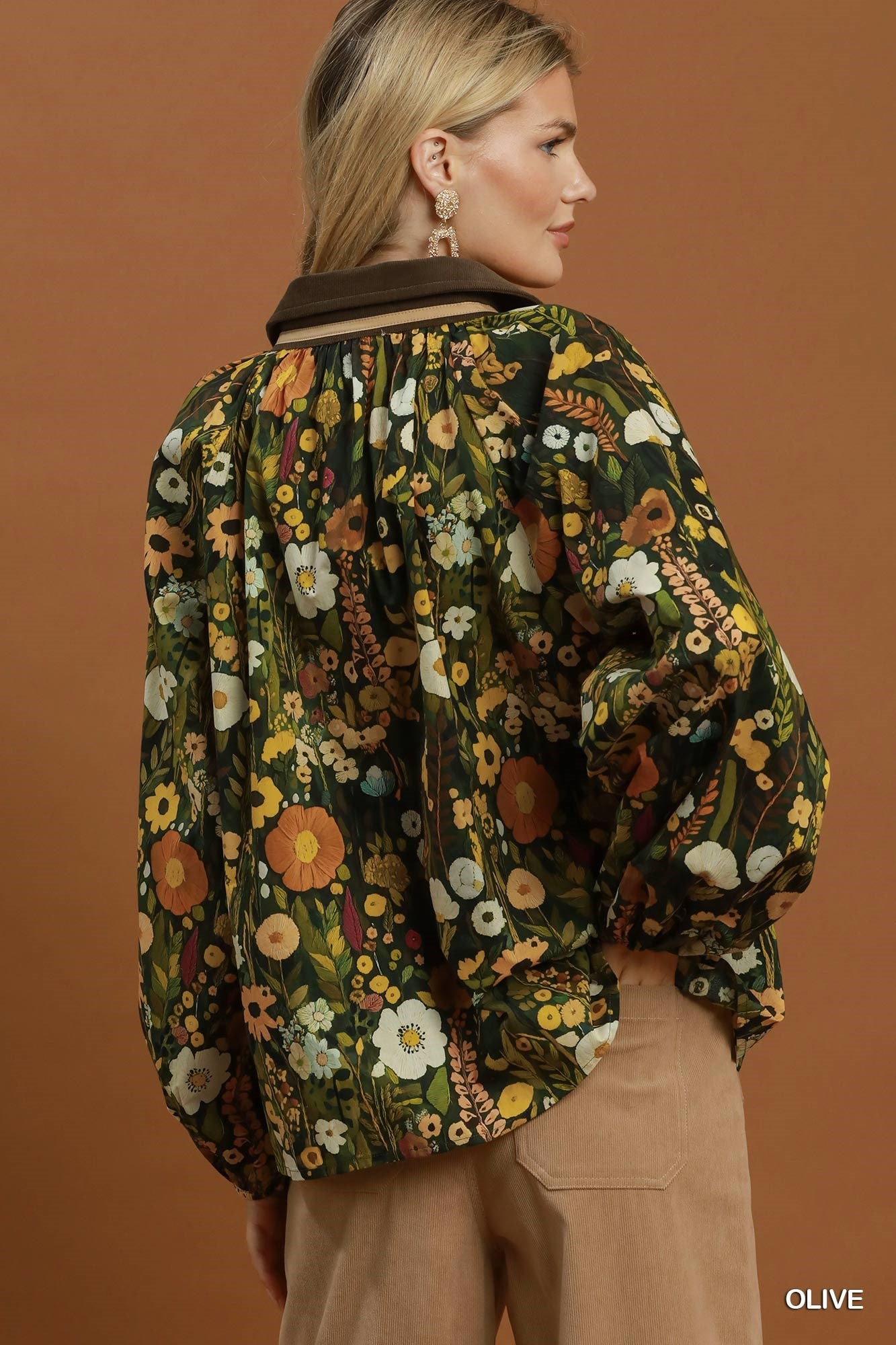 Floral Print Contrast Collar Long Sleeve Blouse