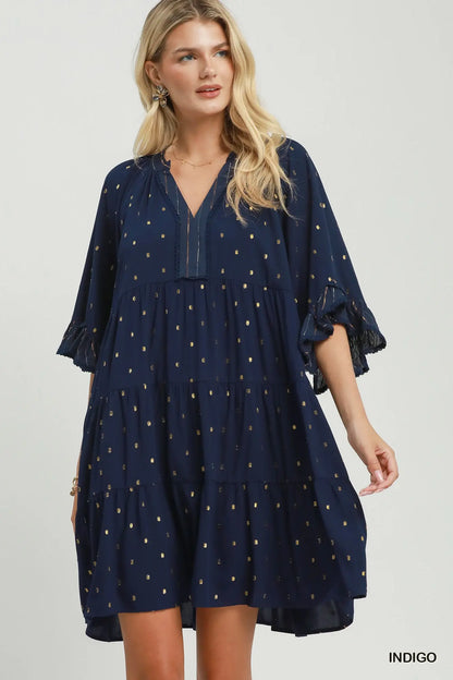 Metallic Dot Tiered Ruffle Sleeve Dress - Umgee