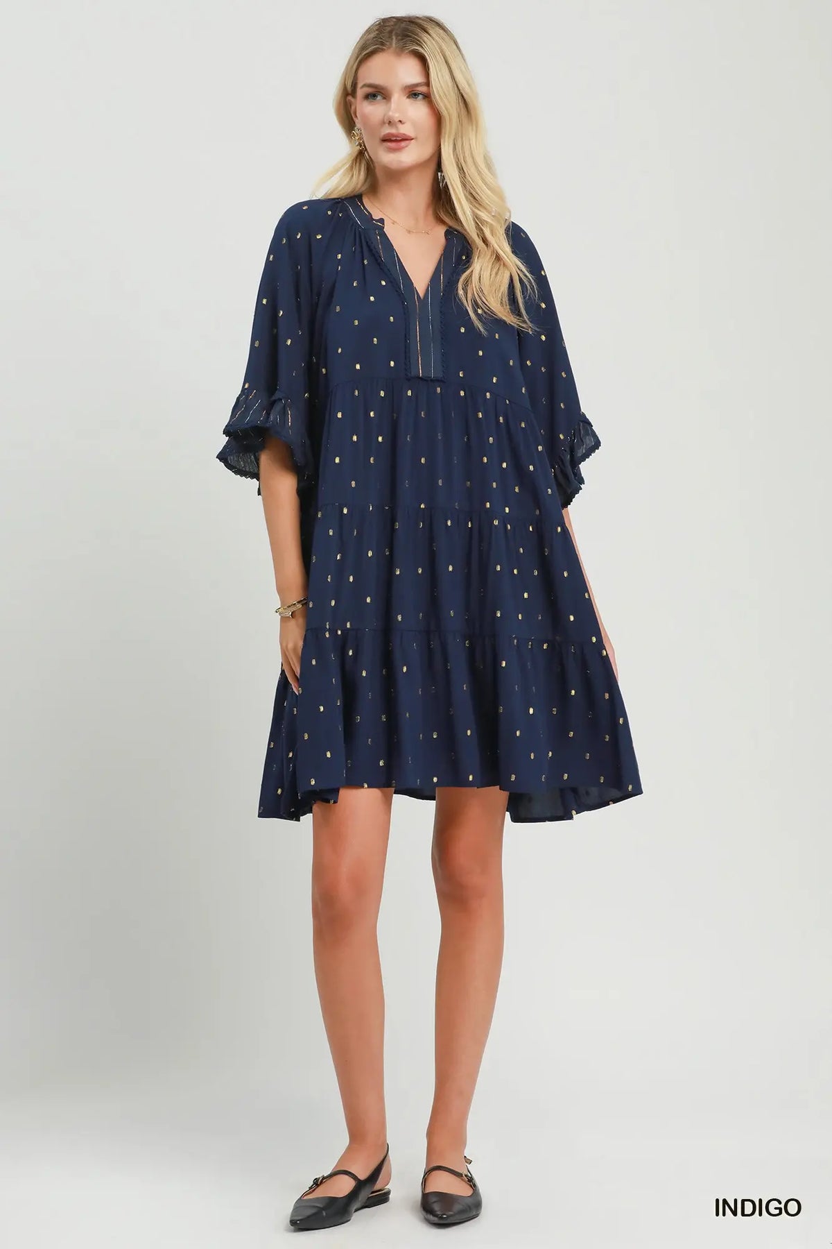 Metallic Dot Tiered Ruffle Sleeve Dress - Umgee