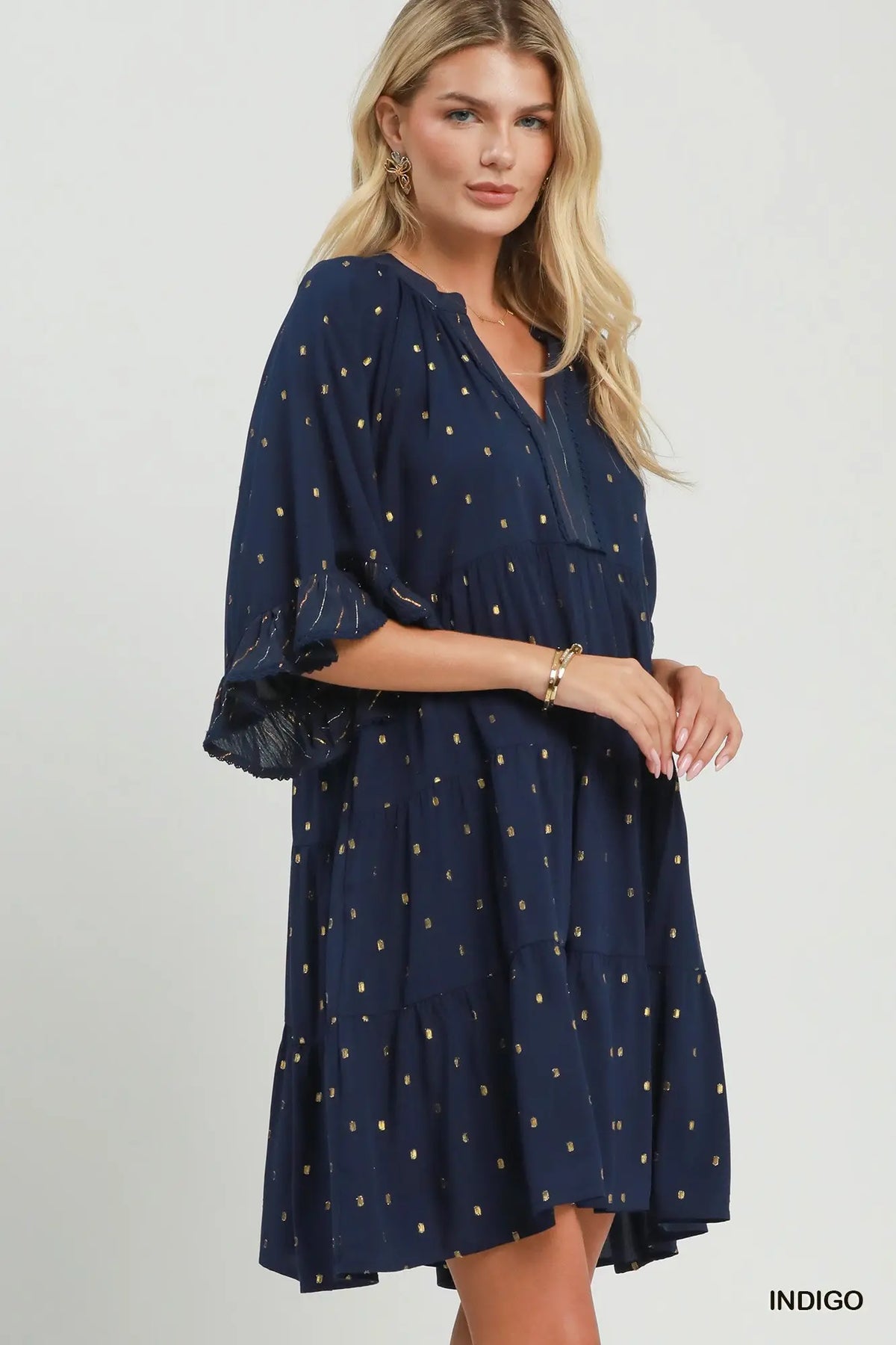 Metallic Dot Tiered Ruffle Sleeve Dress - Umgee