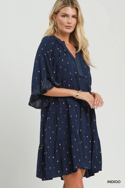 Metallic Dot Tiered Ruffle Sleeve Dress - Umgee