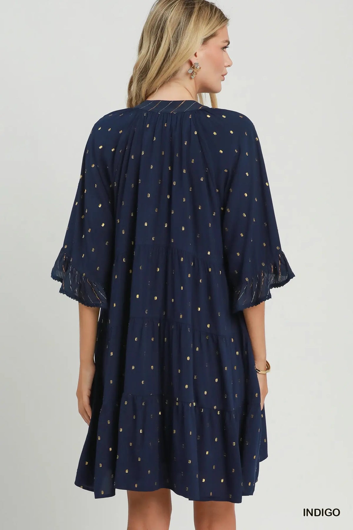 Metallic Dot Tiered Ruffle Sleeve Dress - Umgee