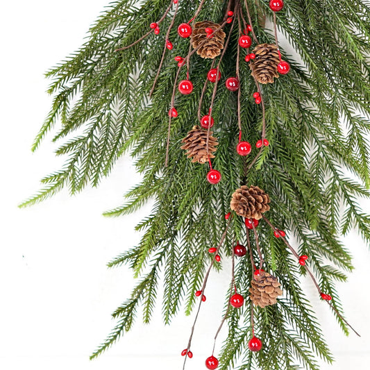 Soft Touch Norfolk Pine with Mixed Red Berries and Pips Teardrop Hanging Spray 25"