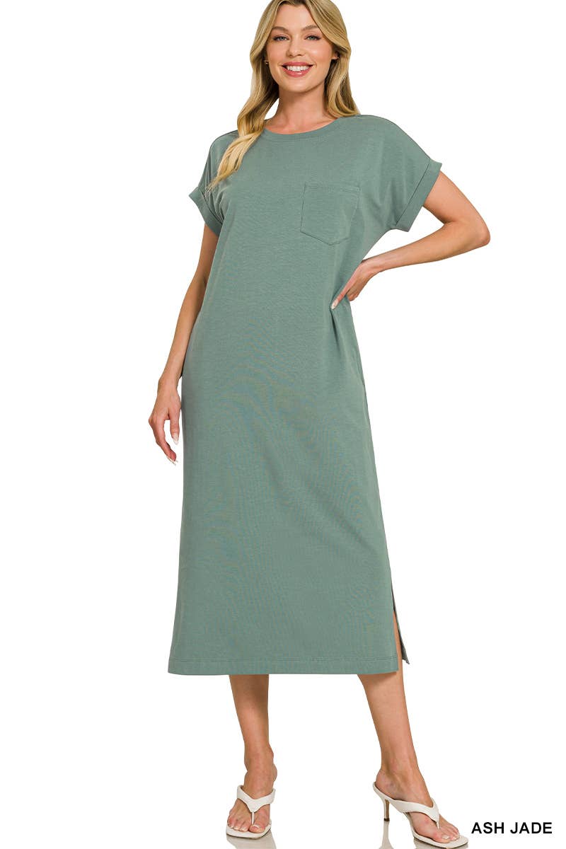 Round Neck Short Sleeve Midi Dress W/ Pockets