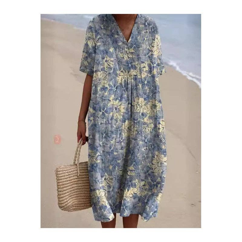 Flowy Blue Floral Print Midi Dress