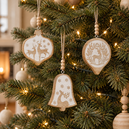 White Washed Winter Forest Deer Wooden Christmas Ornament - 3 Designs