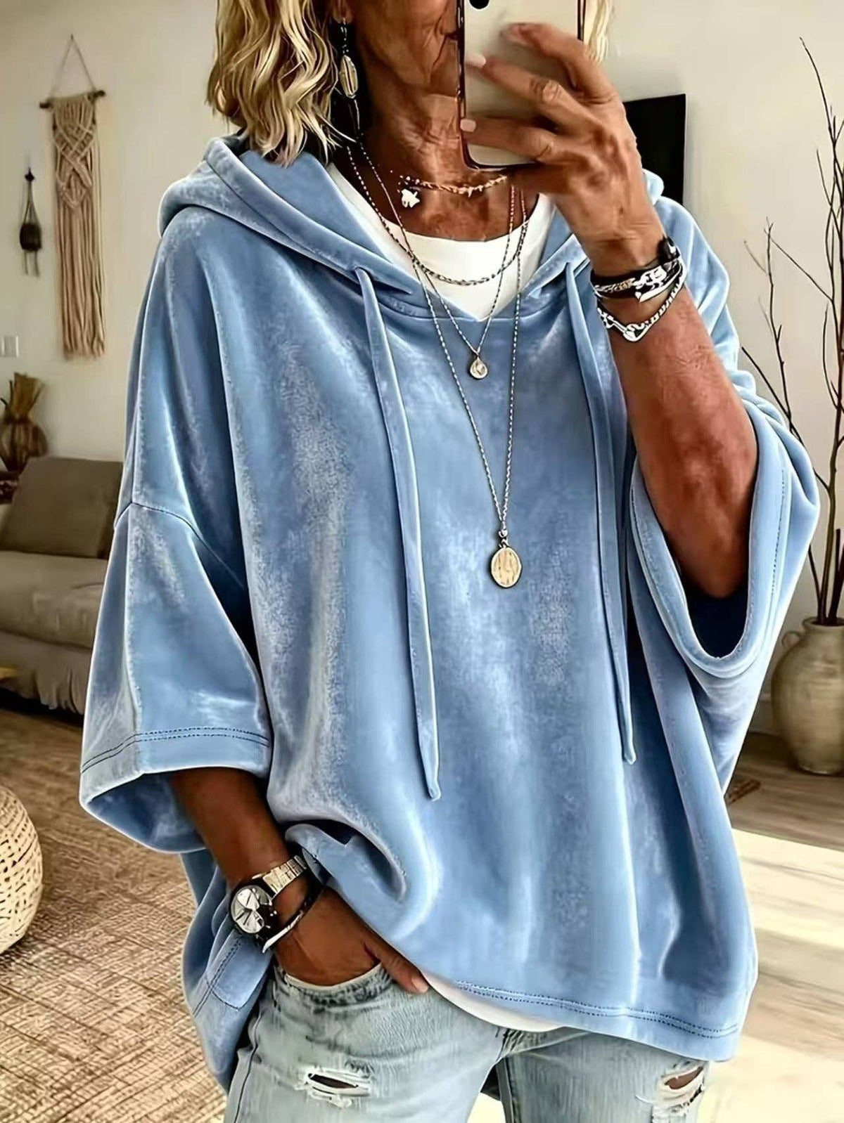 Velvet Hooded Poncho Top Oversized 3/4 Sleeve